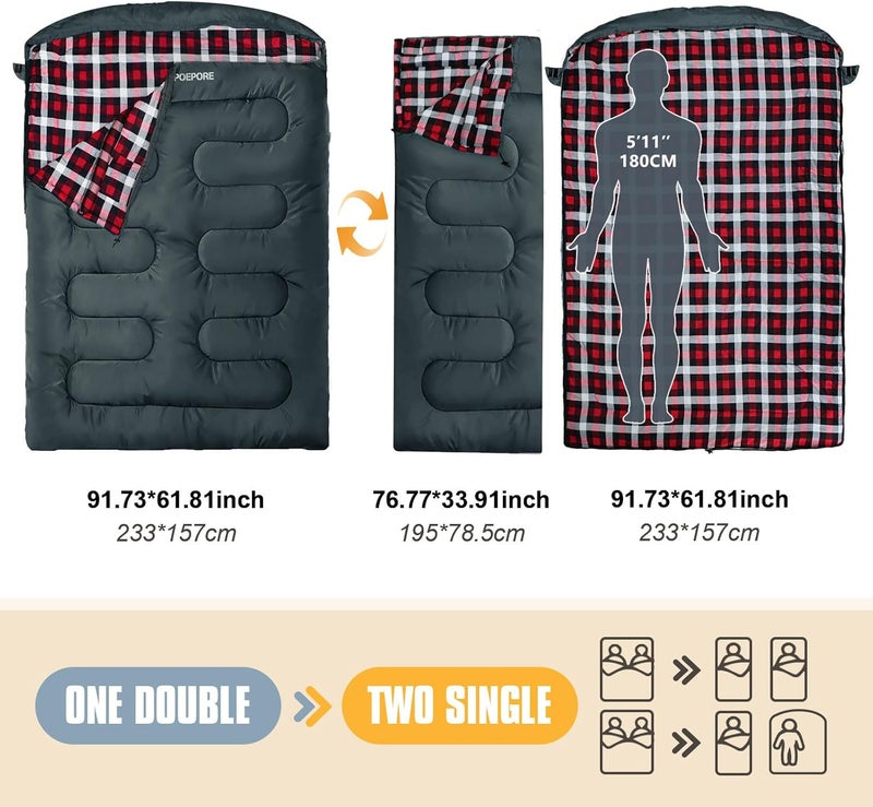 POEPORE Double Sleeping Bag Flannel for Adults with 2 Pillows 2 Person Sleeping Bags Camping XXL Queen Size Two Person Sleeping Bag for Cold Weather - Image 3